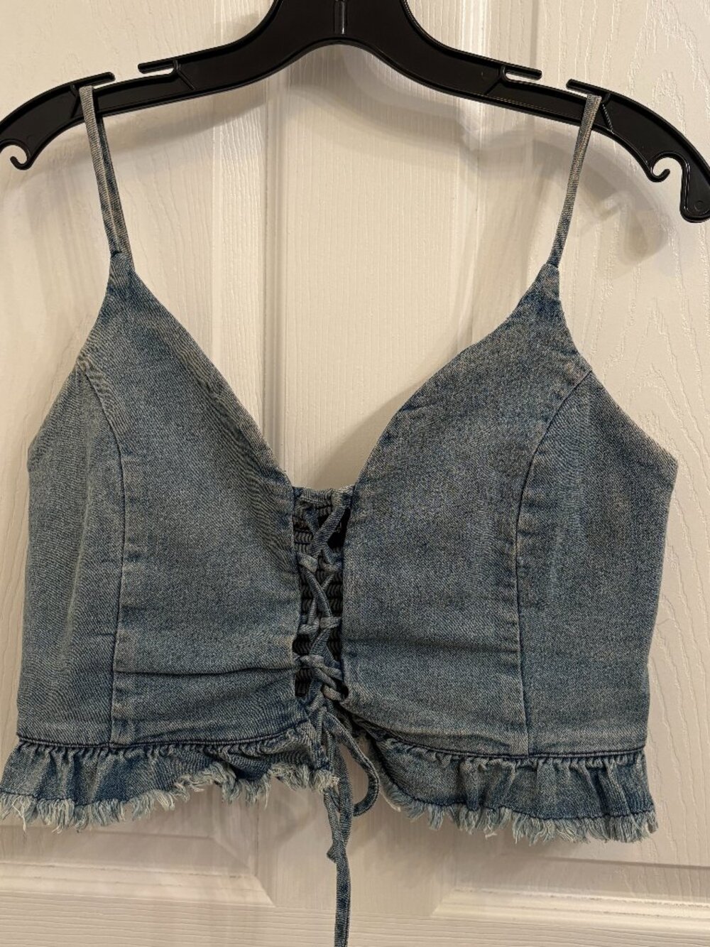 Mustard Seed Denim Lace-up Crop Spaghetti Straps Frayed Ruffled Top size M